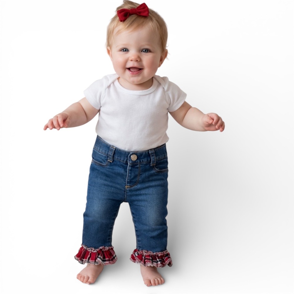 Old Navy Baby‎ Girls Ballerina Jeans Plaid Ruffle Hem Blue Denim Pants 6-12M